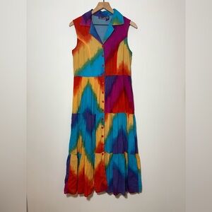 Vintage Phool Colorful Tie Dye Hippie Tiered Sleeveless Midi Dress size Small